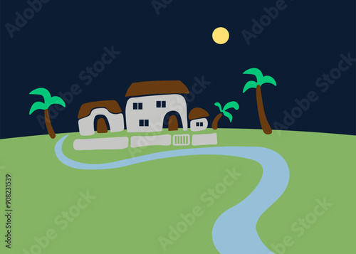 landscape view with a villa in vector. horizontal template for background design poster web banner wallpaper