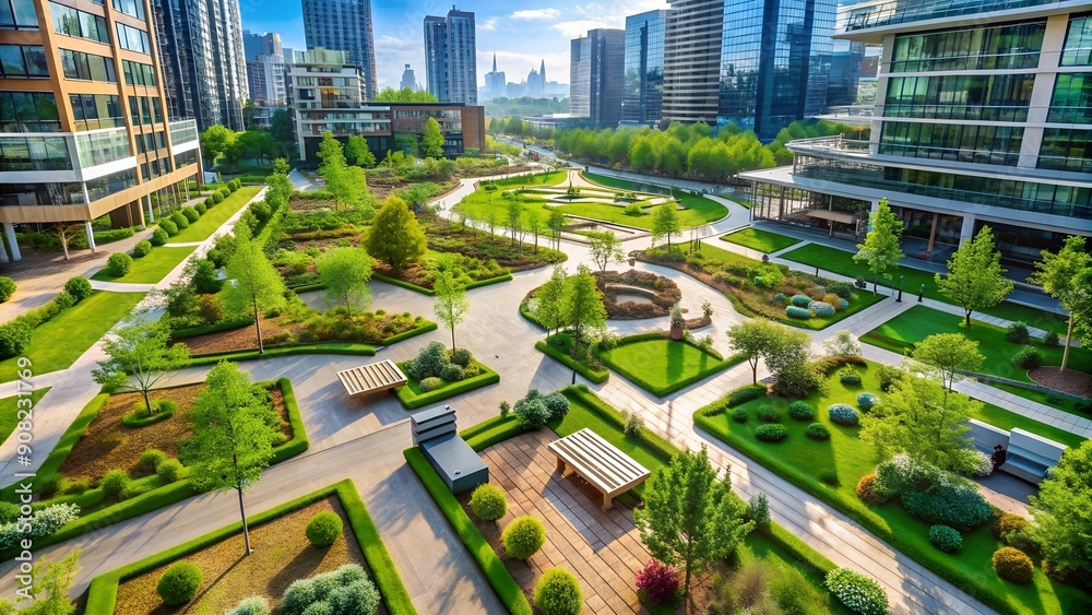 Naklejka premium The City's Green Lungs: A Network of Urban Parks and Green Spaces Built with Recycled Materials generative AI