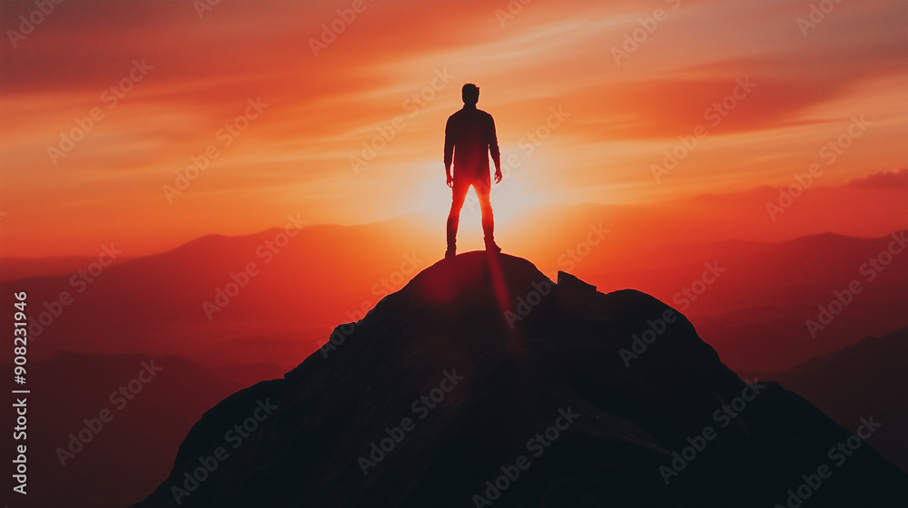 A dramatic silhouette of a person standing on a mountain peak at sunset A dramatic silhouette of a person standing on a mountain peak at sunset