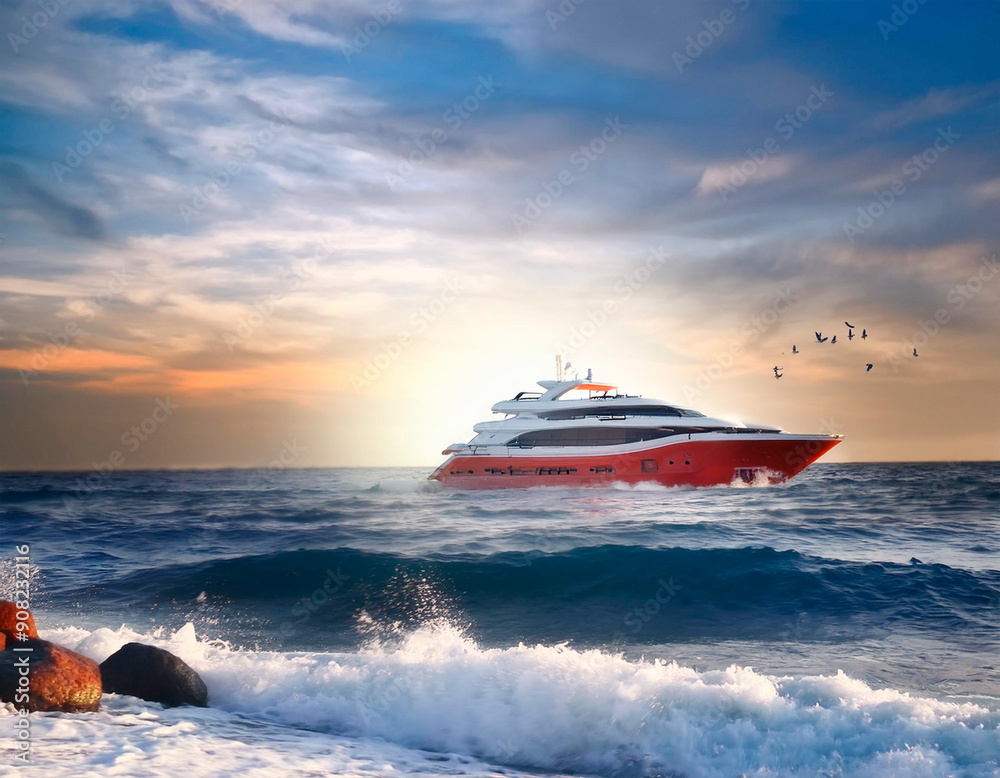 Fototapeta premium Yate grande moderno blanco y rojo, cruzando el mar.
