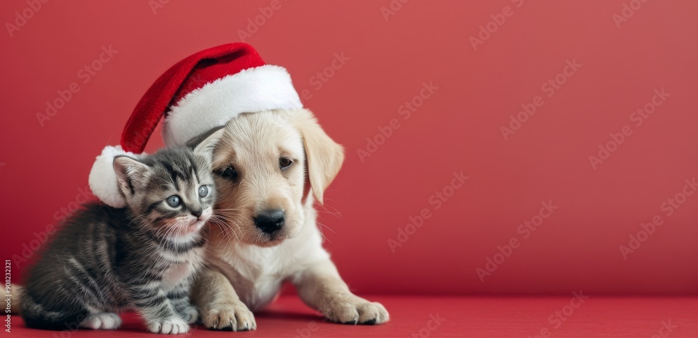 Pets Dressed for Christmas in Santa Hats on Red Background Pets Dressed for Christmas in Santa Hats on Red Background