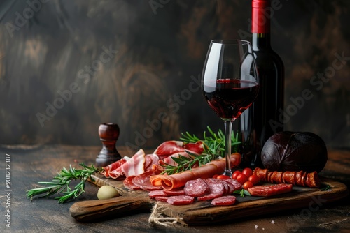 Charcuterie Wine. Black Beaujolais Buffet with Antipasto and Bacon Assortment