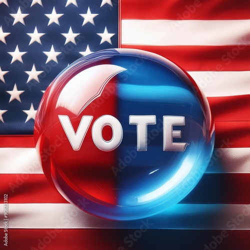 country flag button, USA sflag with a vote sign in front