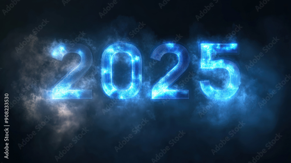Futuristic Glowing Blue 2025 Numbers: Mystical Neon Year Display with Smoke Effect Futuristic Glowing Blue 2025 Numbers: Mystical Neon Year Display with Smoke Effect