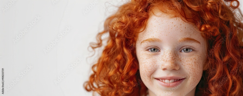 Smiling red-haired girl with freckles, joyful expression. Free copy space for text. Smiling red-haired girl with freckles, joyful expression. Free copy space for text.