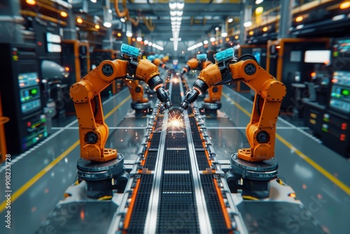 Industrial robotic arms welding on assembly line in car factory. Automated process with orange robot arms in automotive plant. High-tech automation equipment in vehicle manufacturing facility photo