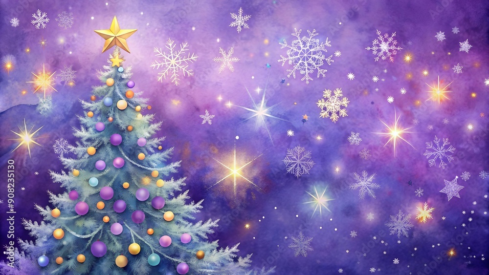 A Watercolor Christmas Tree on a Violet Background - Whimsical Winter Wonderland  AI generated