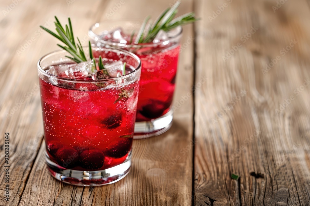 Cranberry Soda. Refreshing Two-Layer Cocktail with Fresh Cranberry Vodka and Rosemary on Wooden Background Cranberry Soda. Refreshing Two-Layer Cocktail with Fresh Cranberry Vodka and Rosemary on Wooden Background