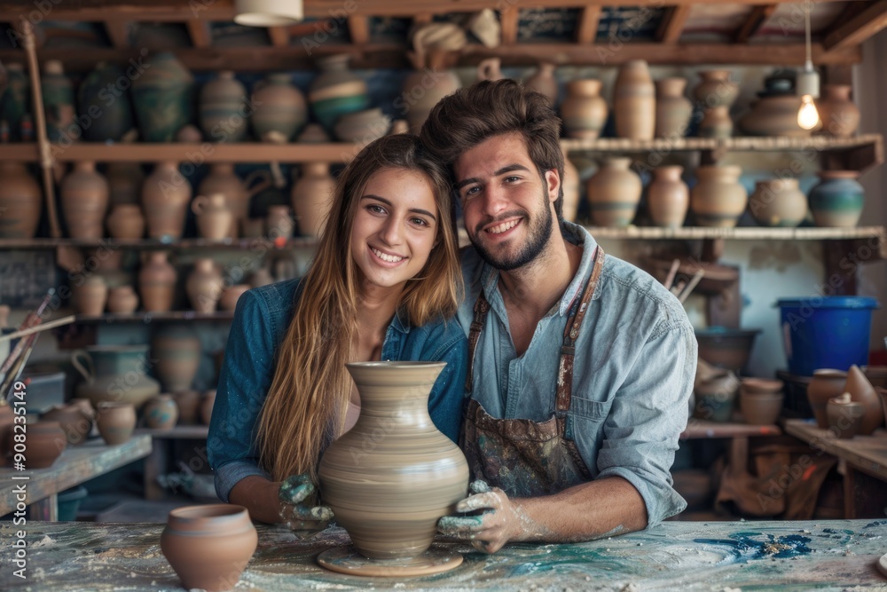 Couple Pottery: Happy Man and Woman Creating Art Together on Pottery Wheel Couple Pottery: Happy Man and Woman Creating Art Together on Pottery Wheel