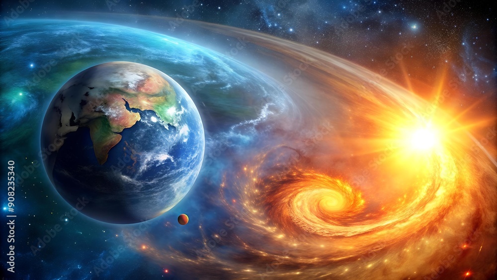 Obraz premium Cosmic Tapestry: Earth and Sun in a Galactic Dance AI generated