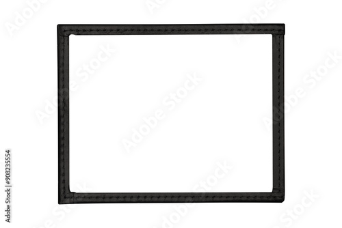 Black ID card holder leather cover frame with empty space is isolated.
