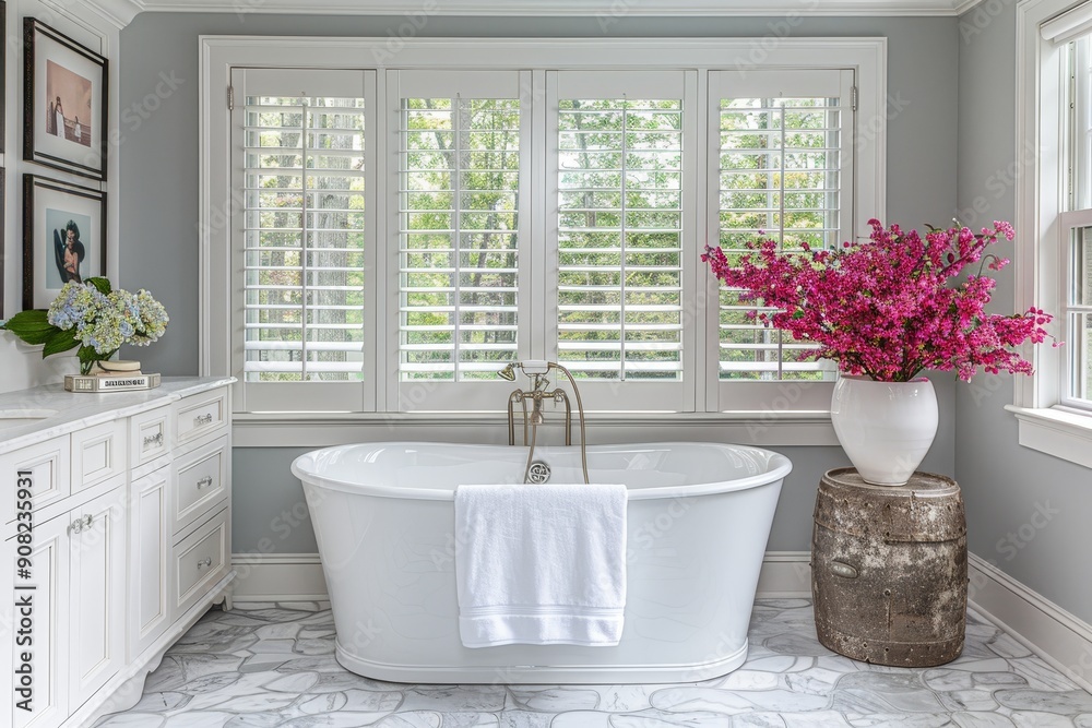 Elegant bathroom with freestanding tub, white vanity, marble floor. Tub ...