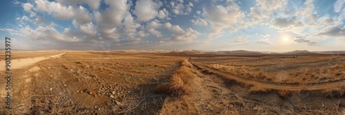Iraq Desert landscape in Fall 2024. Panoramic view of Kurdistan countryside with Bushes and Cloudy Sky