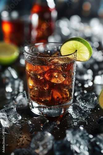 Whiskey And Coke. Refreshing Cocktail with Ice, Cola, and Lime in Glasses