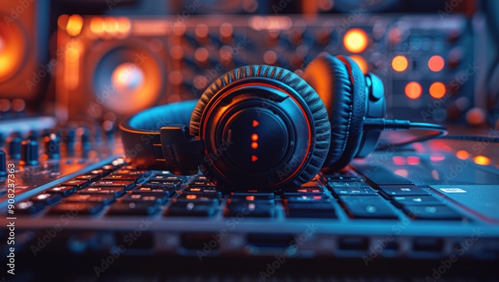 A close up of headphones resting on a keyboard with an open laptop in soft focus behind them. A close up of headphones resting on a keyboard with an open laptop in soft focus behind them.