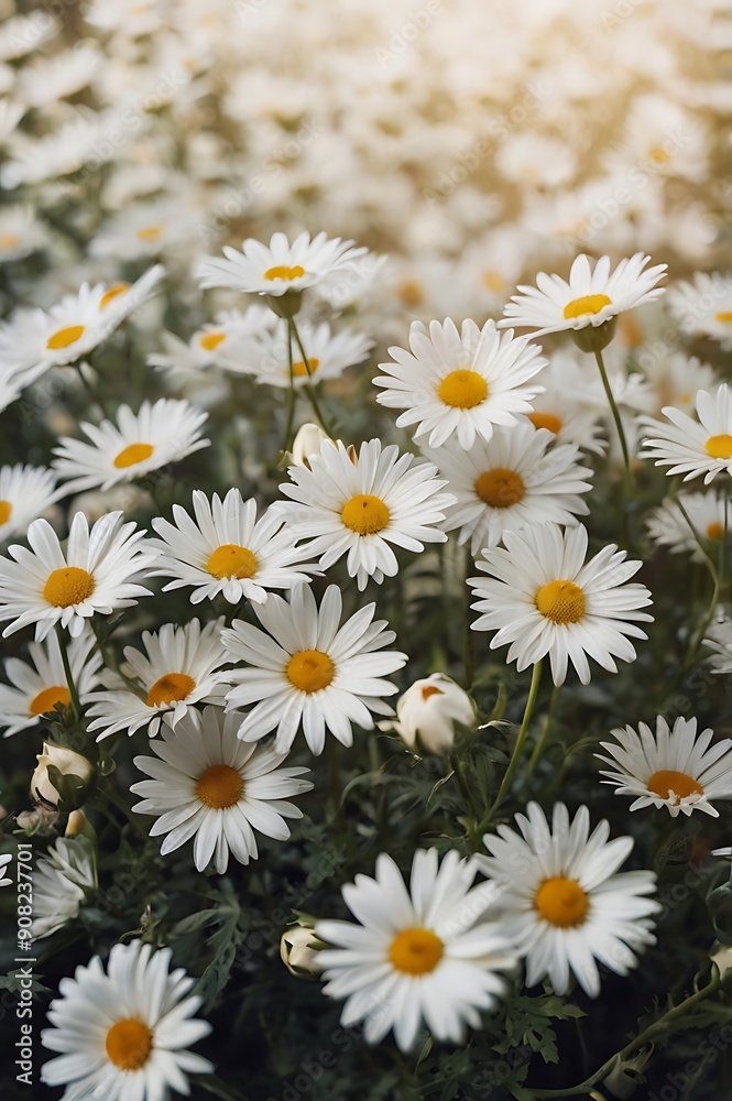 The landscape of white daisy flowers blooms in the field, crowded flowers next to each other The landscape of white daisy flowers blooms in the field, crowded flowers next to each other