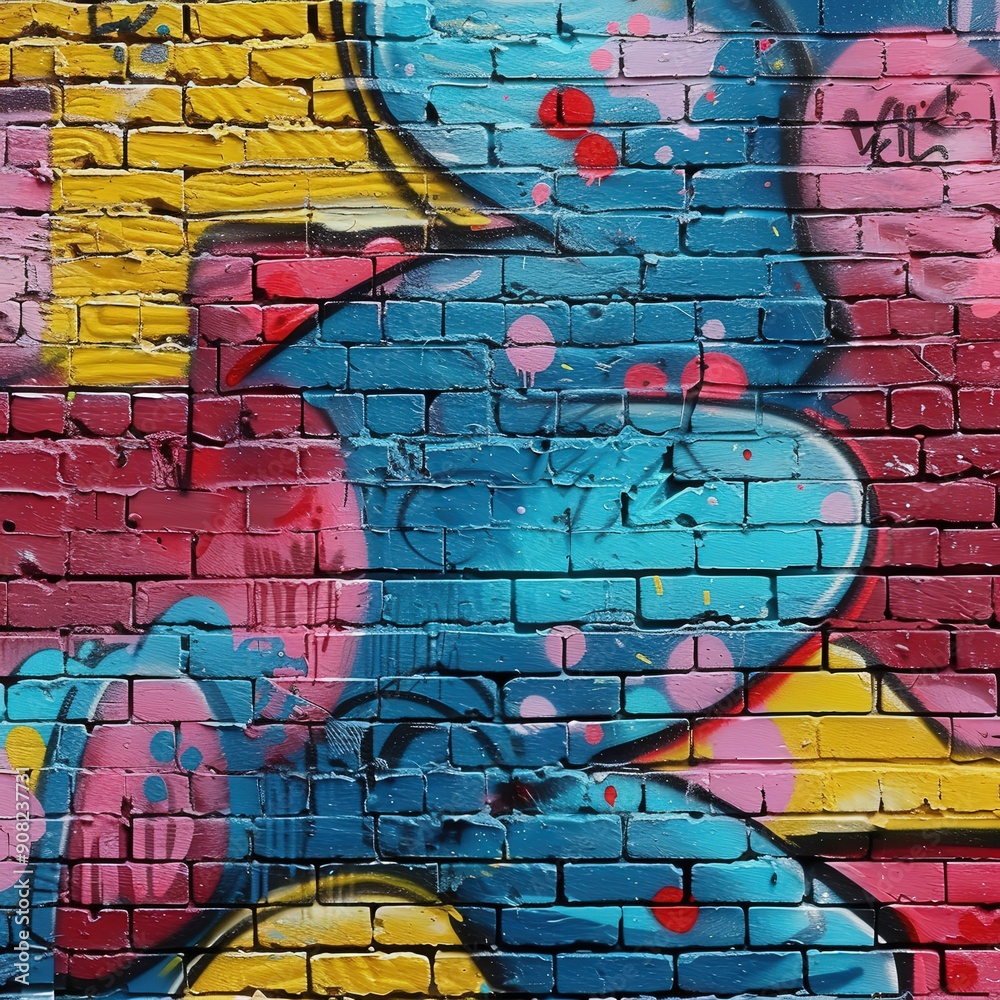 Colorful Graffiti Mural on Urban Brick Wall in Vibrant Neighborhood Colorful Graffiti Mural on Urban Brick Wall in Vibrant Neighborhood