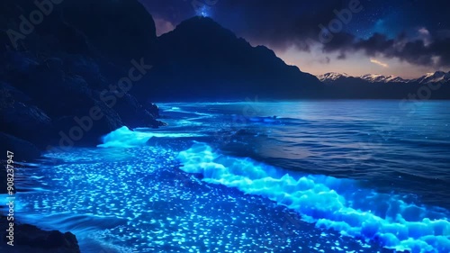 Bioluminescent bay with waves glowing along rocky coastline at night. Bio bay, bioluminescence effect. Summer travel and tourism concept. Glowing fluorescent particles