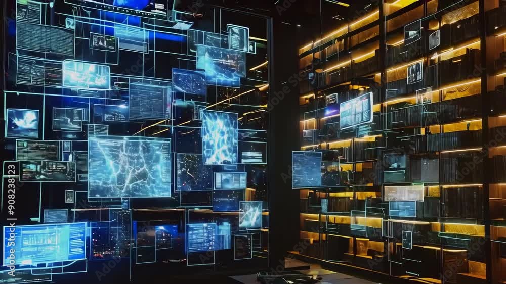 A modern library at night featuring multiple digital holographic displays and shelves filled with books. The atmosphere is futuristic, with blue holograms projecting data and diagrams, contrasting A modern library at night featuring multiple digital holographic displays and shelves filled with books. The atmosphere is futuristic, with blue holograms projecting data and diagrams, contrasting