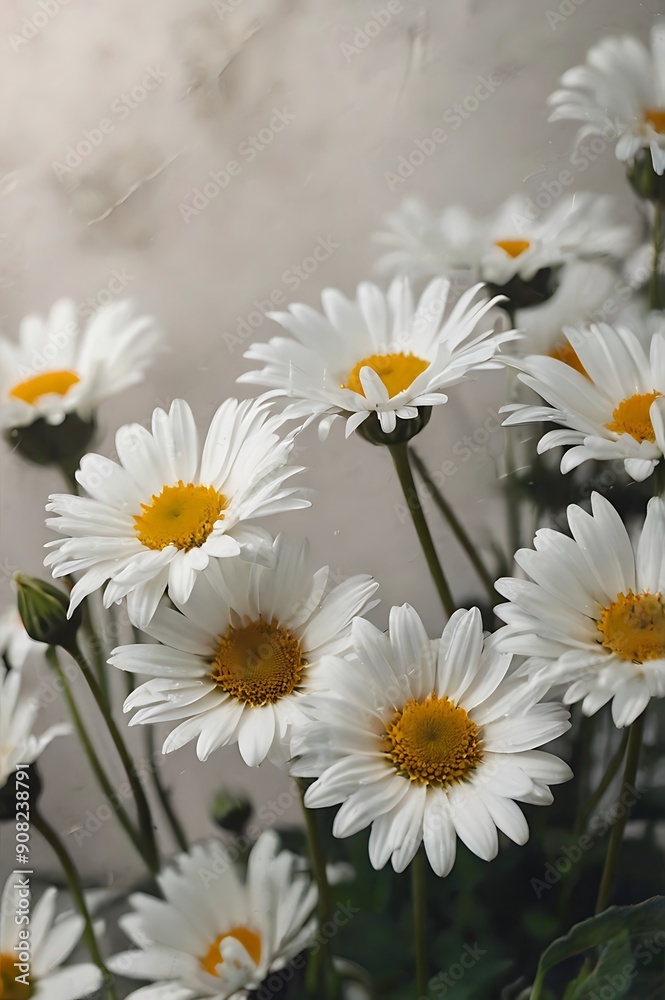 Obraz premium The landscape of white daisy flowers blooms in the field, crowded flowers next to each other