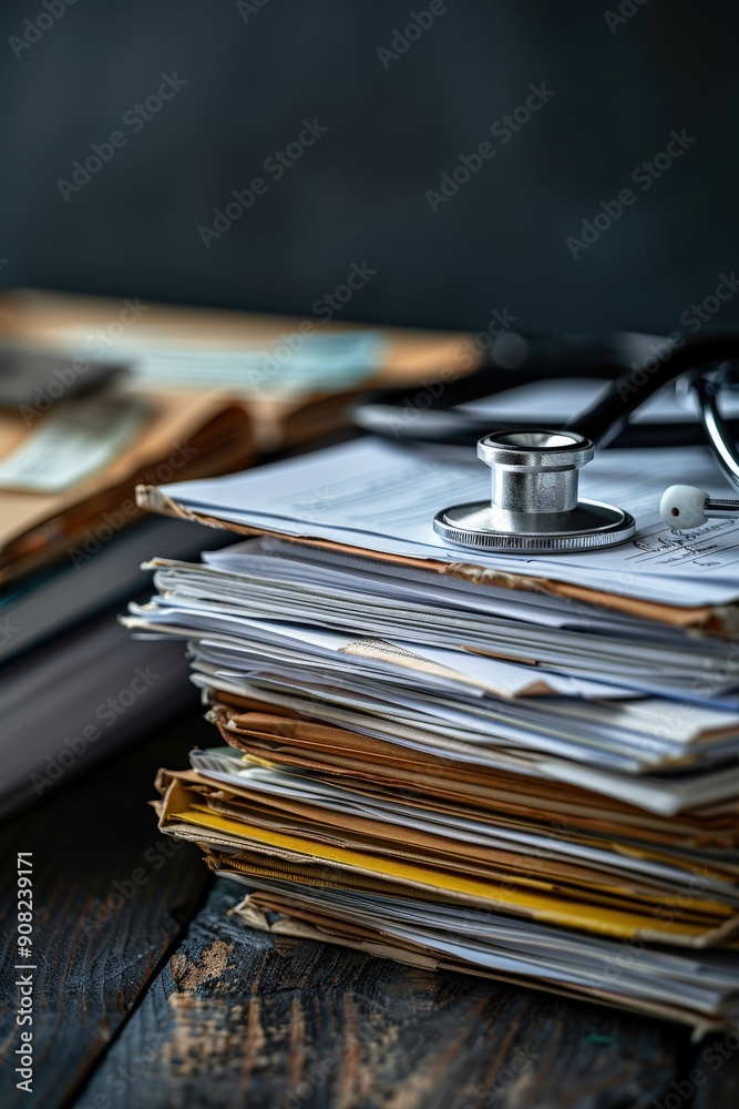 Stethoscope Resting on Pile of Medical Files in Clinical Setting Stethoscope Resting on Pile of Medical Files in Clinical Setting