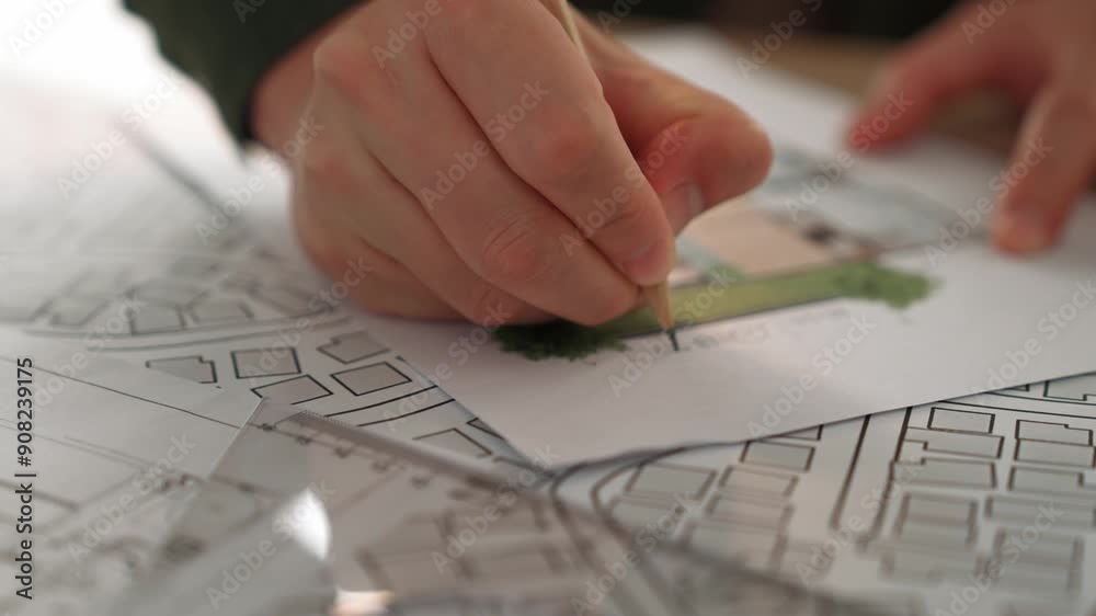 A video of architect with triangle ruler and pencil to measure blueprint. Architect designing house construction on a table at studio, architectural plan scattered around. Focus on hand. Delineation. A video of architect with triangle ruler and pencil to measure blueprint. Architect designing house construction on a table at studio, architectural plan scattered around. Focus on hand. Delineation.