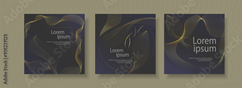 Black Golden Luxury square invitation card background set. Abstract geometric shape, gold line dark background. Premium design for gala card, grand opening, party invitation, layout, templates