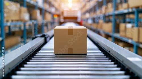Cardboard box on a conveyor belt in a large warehouse, symbolizing efficient packaging, shipping, and logistics services.