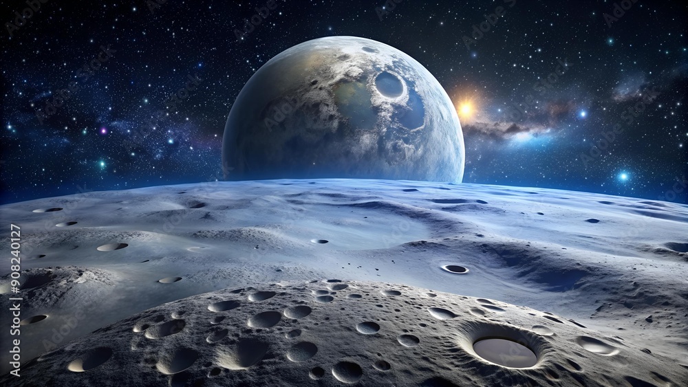 Obraz premium Celestial Tapestry: A 3D Render of the Moon's Surface with Intricate Crater Details and a Starry Night Sky AI Generated