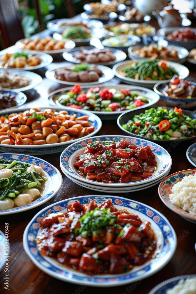 Delicious Array of Dishes at a Chinese Restaurant in the Evening Delicious Array of Dishes at a Chinese Restaurant in the Evening