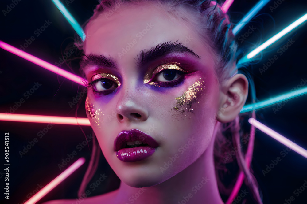 Striking Avant-Garde Portrait of a Young Woman with Neon Lights and Glitter Makeup in Futuristic Setting Striking Avant-Garde Portrait of a Young Woman with Neon Lights and Glitter Makeup in Futuristic Setting