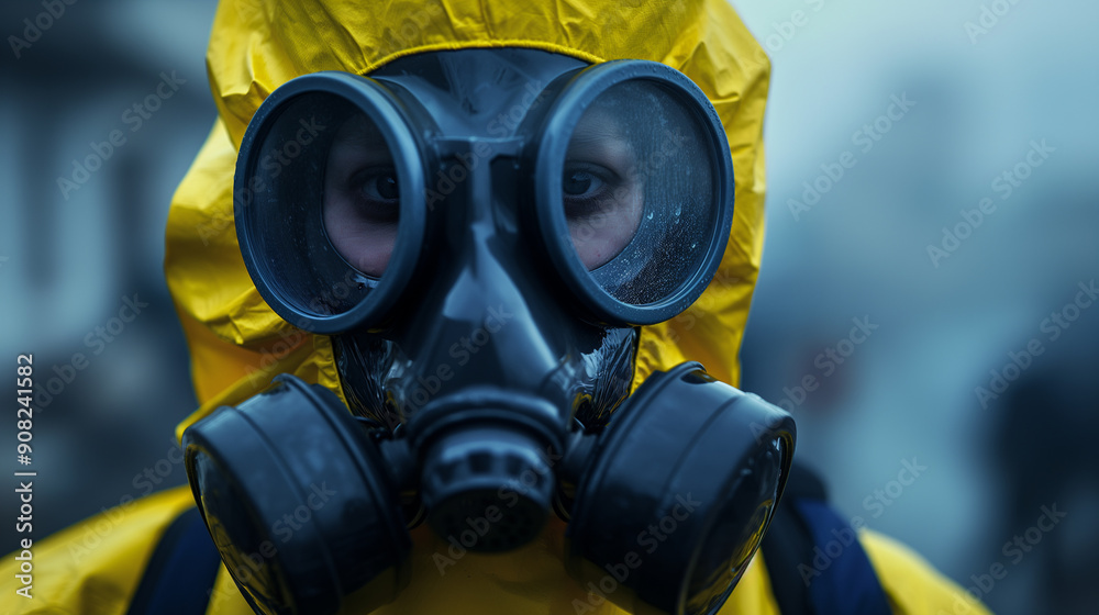 Person in hazmat suit with gas mask, hazardous materials handling, protective gear, industrial safety, biohazard environment, emergency response, contamination prevention Person in hazmat suit with gas mask, hazardous materials handling, protective gear, industrial safety, biohazard environment, emergency response, contamination prevention