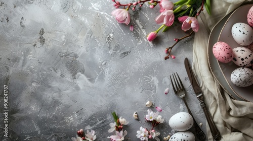 Easter table setup with cutlery egg and flower display on grey surface for text adjacency