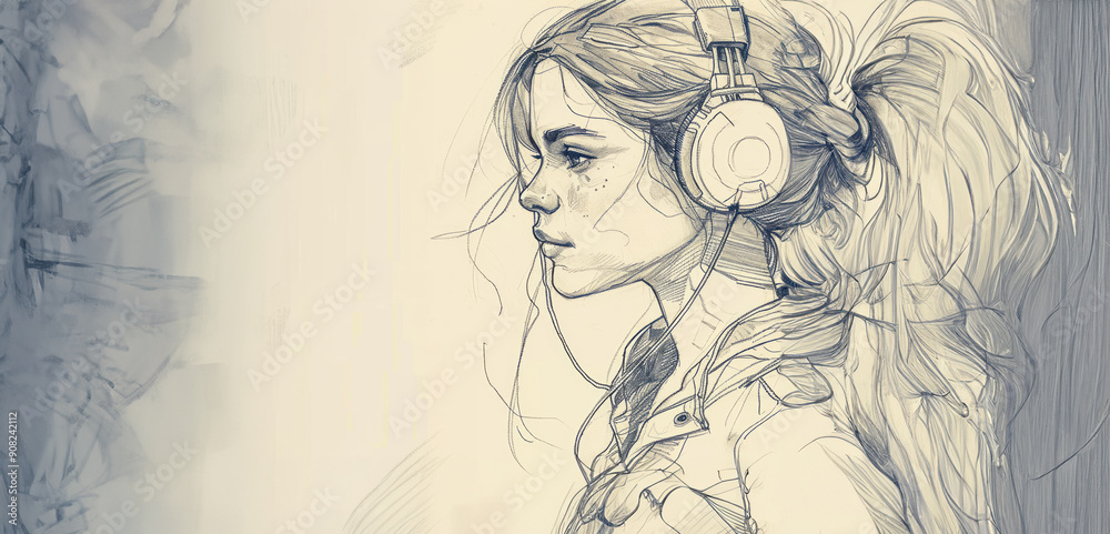 Futuristic Portrait: Intricate Side View Sketch of a Charming Future Girl Futuristic Portrait: Intricate Side View Sketch of a Charming Future Girl
