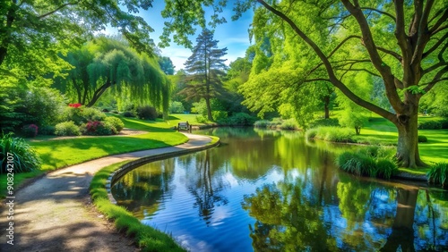 Serene Symphony of Greens and Blues: A Tranquil Park Oasis  generative AI