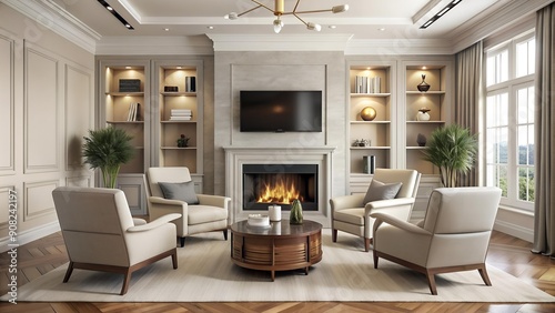 Transitional Living Room with Neutral Tones and a Modern Fireplace  Generative AI