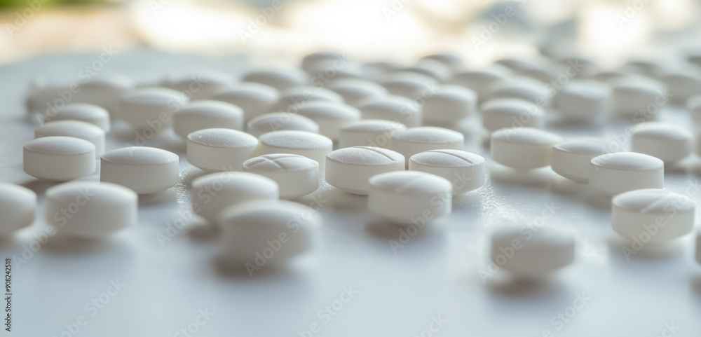 Close-up of numerous white pills spread out on a white background Close-up of numerous white pills spread out on a white background