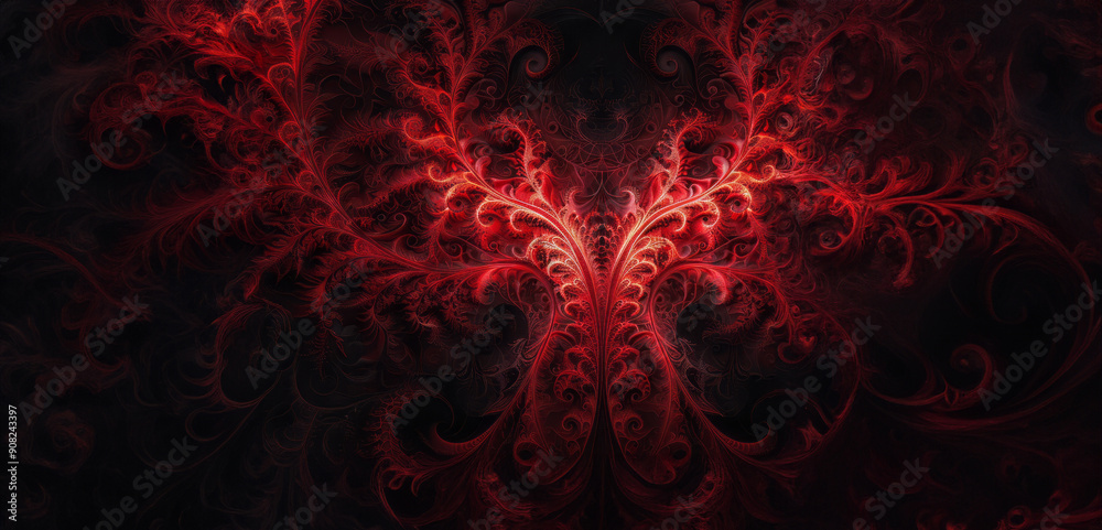 Infinite Reproductive Red Fractal: Enchanting Geometric Design on Dark Canvas Infinite Reproductive Red Fractal: Enchanting Geometric Design on Dark Canvas