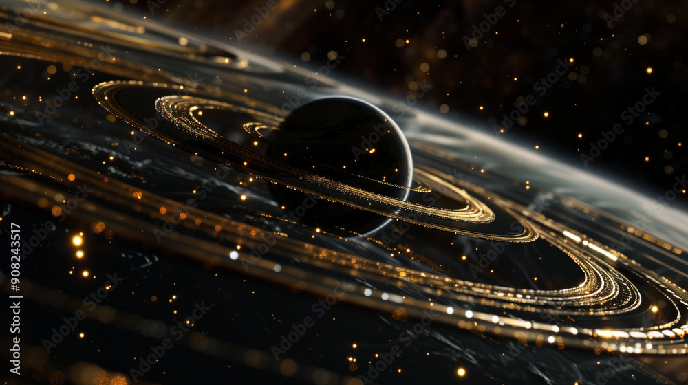 Naklejka premium Outer space background. Distant Black planet with golden rings