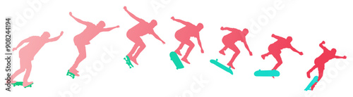 Dynamic silhouette sequence of skateboarder performing mid-air trick. Frame-by-frame image of skate trick. Multicolored vector illustration of silhouette. Fluid motion and athletic skateboarding skill