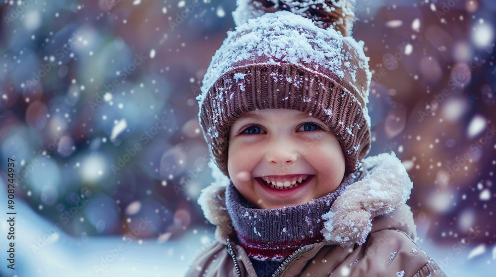 Picture of a smiling child standing in the snow. Picture of a smiling child standing in the snow.