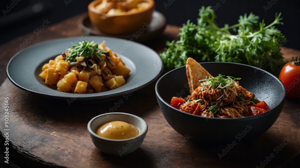 Gourmet dish presented with elegance and a touch of sophistication Gourmet dish presented with elegance and a touch of sophistication