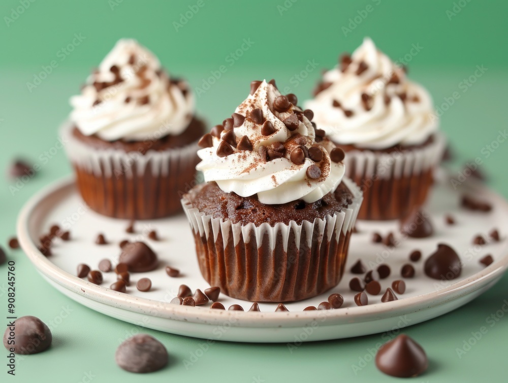 Chocolate Cupcakes with Creamy Frosting on a Plate 2 Chocolate Cupcakes with Creamy Frosting on a Plate 2