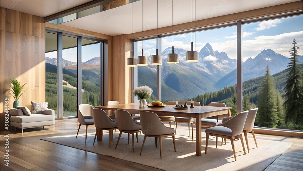Serene Mountain Panorama: A Modern Dining Room with Floor-to-Ceiling Windows Showcasing Majestic Peaks Generative AI Serene Mountain Panorama: A Modern Dining Room with Floor-to-Ceiling Windows Showcasing Majestic Peaks Generative AI