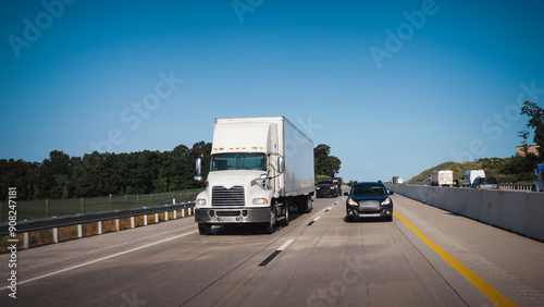 White 18-wheeler semi-truck delivering on the highway web banner image	 photo