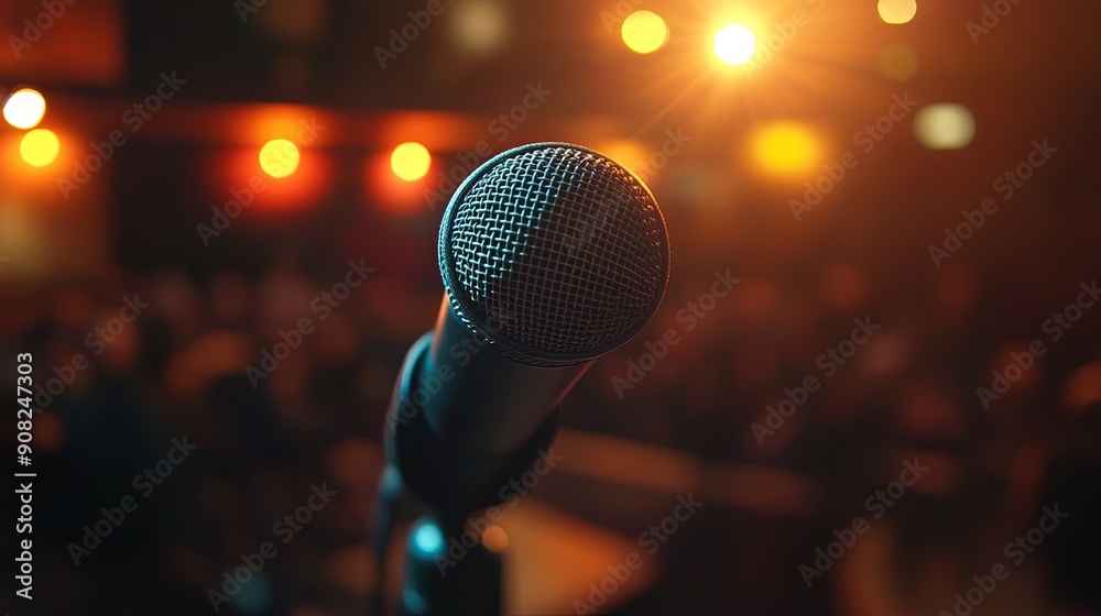 Spotlight on Microphone in Expectant Auditorium Spotlight on Microphone in Expectant Auditorium