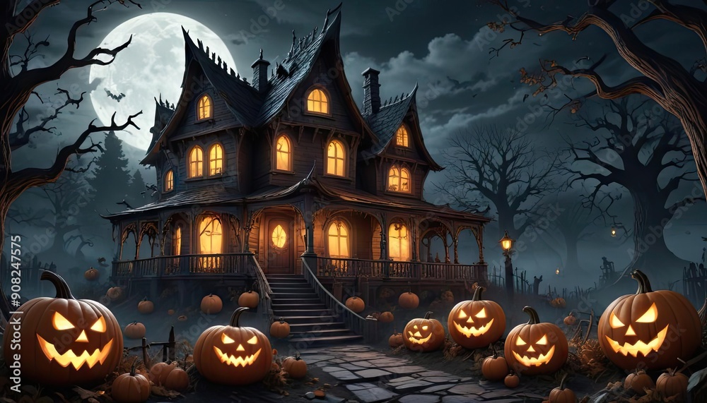 Halloween pumpkins in the forest at night.Halloween background with Evil Pumpkin. Spooky scary dark Night forest. Holiday event Halloween banner background concept Halloween pumpkins in the forest at night.Halloween background with Evil Pumpkin. Spooky scary dark Night forest. Holiday event Halloween banner background concept