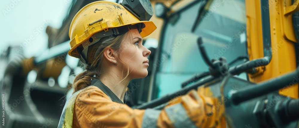 Female worker operating heavy machinery on construction site.