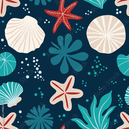 A vibrant vector pattern design featuring marine elements like shells, fish, and waves, perfect for adding a touch of oceanic charm and coastal elegance to any project