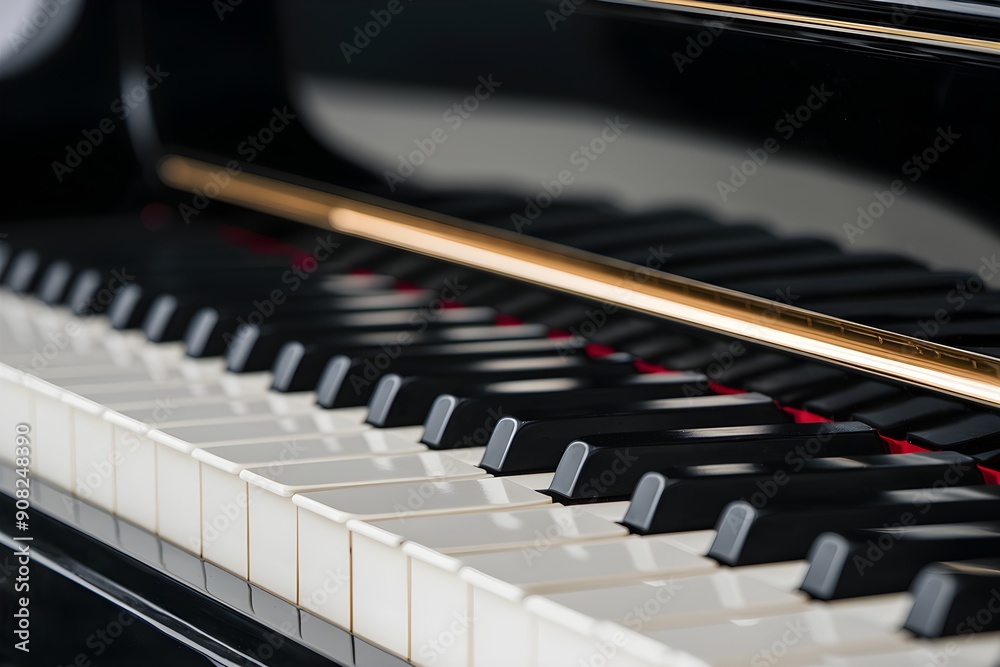 Closeup piano keyboard, black and white keys, glossy black background Closeup piano keyboard, black and white keys, glossy black background
